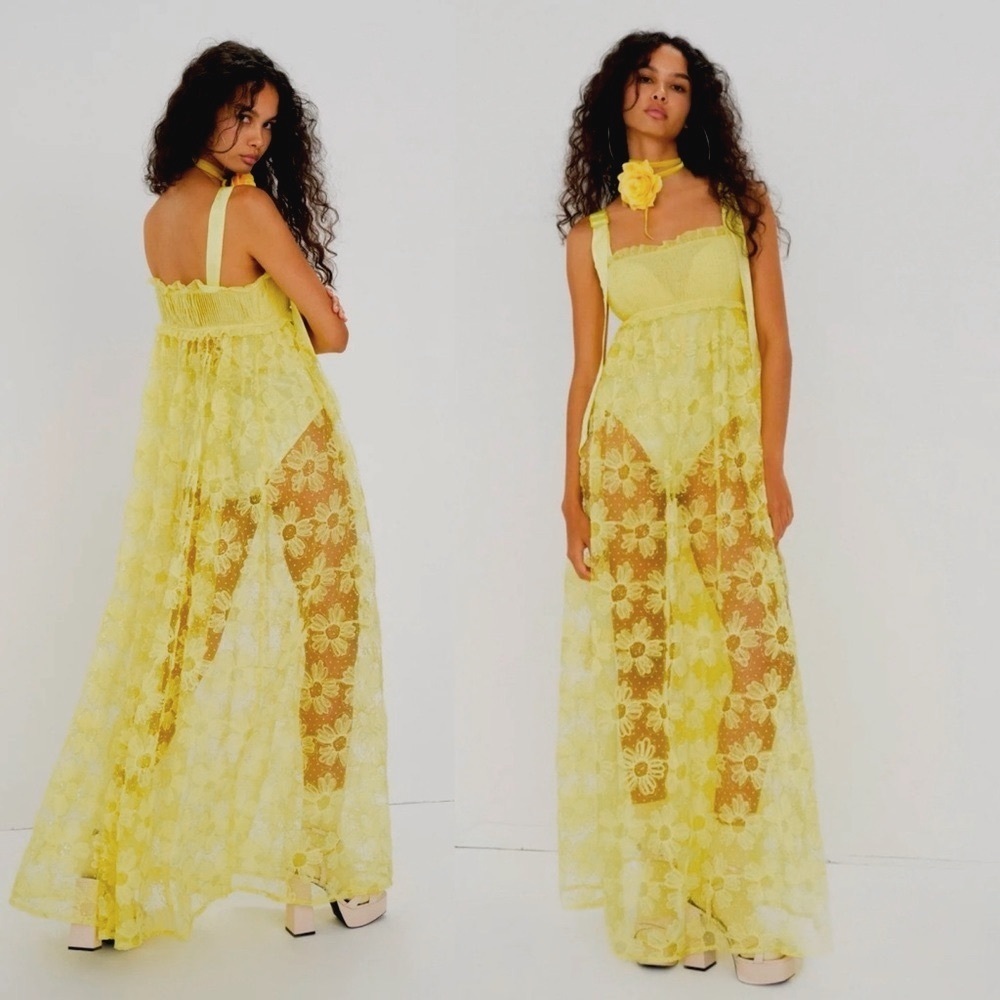 ANTHROPOLOGIE For Love & Lemons Yellow Lace Maxi Dress size small